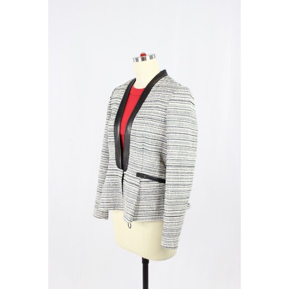REBECCA TAYLOR Grey Striped Cotton Tweed Leather Trim Peplum Blazer, Size 6 - Picture 4 of 16